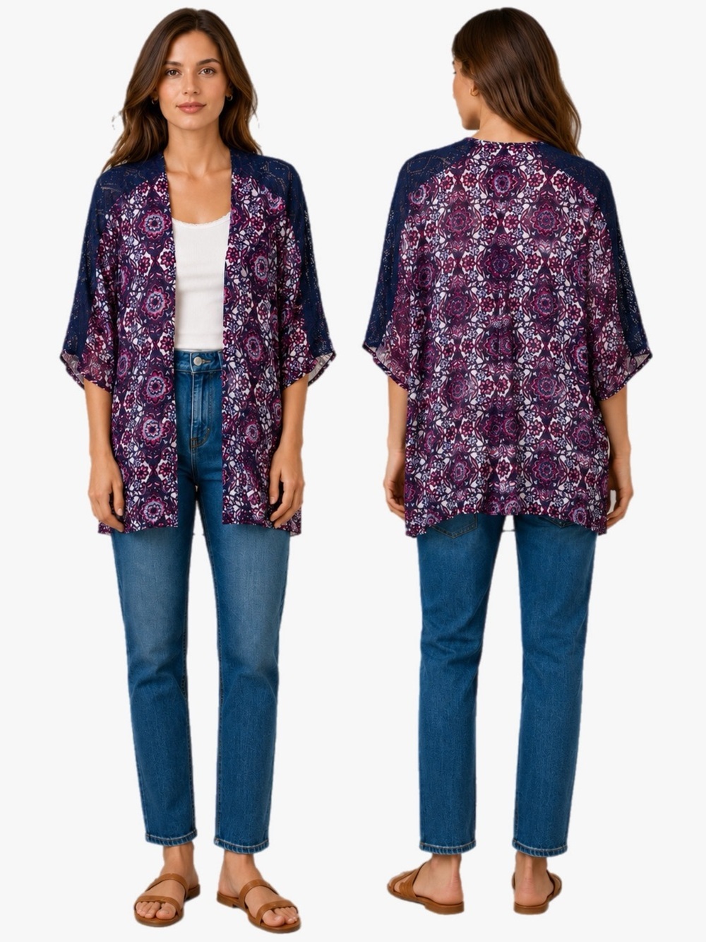 New Directions Kimono XL Floral Boho Sheer Open Front Lace Shoulder Lightweight